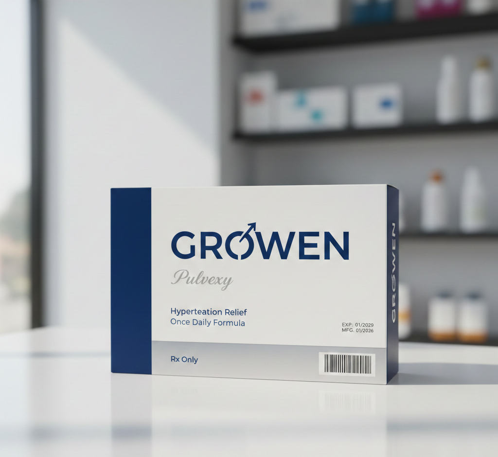 Growen vérnyomásszabályozó táplálékkiegészítő - természetes kapszulák üvegben, professzionális orvosi fotó stílusban